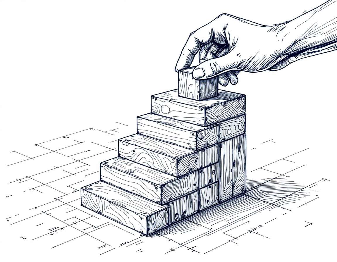 Building blocks arranged in an ascending staircase — structural growth, one piece at a time